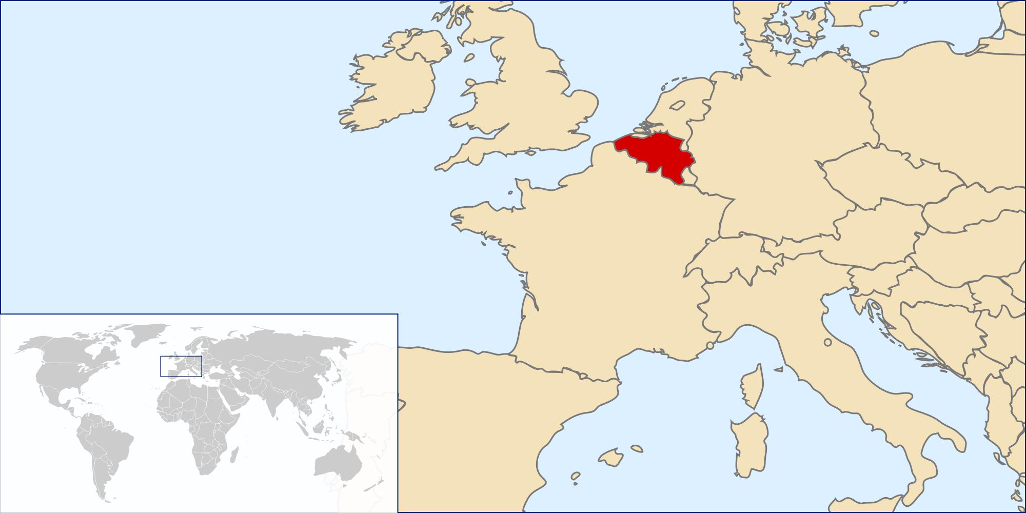 Belgium on world map - Belgium map in world map (Western Europe - Europe)